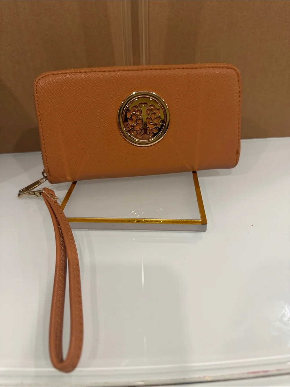 Tory Burch Caramel Tan Wristlet with Gold Logo Medallion